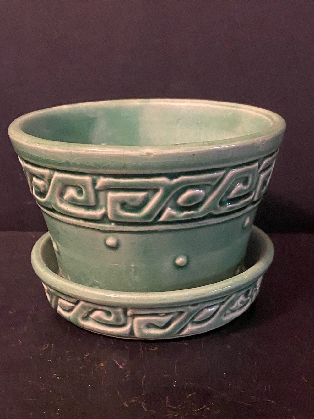 McCoy Green Pottery Greek Key Planter 5" w/ Attached Saucer MCM VTG